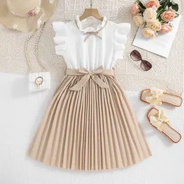 Girl's Dresses Newly arrived girls in the summer of 2024 with sleeveless O-neck pleated edge stickers red designer cute party princess dress customization 8-12TL2405