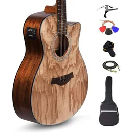 Kadence Electric Acoustic Guitar Ash Wood Semi Acoustic Guitar with Pickup Inbuilt Tuner Capo Strings Picks Strap Cable and Padded Bag - Great for Beginners