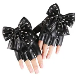 5本の指の手袋女性ボウノットリベットステージパフォーマンスレザーハーフフィンガーファッションセクシーな性格女性ナイトクラブヒップホップ781736758
