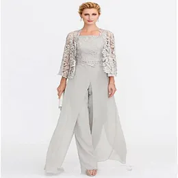 2019 Newest Gray Mother of The Bride Dresses Two Pieces Lace Jackets Mothers Dresses For Wedding Events Pants Suit Evening Gown 299U