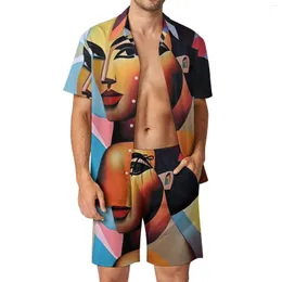 Men's Tracksuits Lady Face Art Board Print Vacation Men Sets Cubist Style Casual Shirt Set Summer Graphic Shorts 2 Piece Trending Suit 2XL