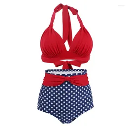 Women's Swimwear Pleated Bikini Red Top Navy Blue With White Dots Bottom Women Classic High Waist Halter Sets Plus Size Two-piece