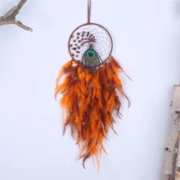 Dekoratif Figürinler Turuncu Peacock Dream Catcher Led Hafif Duvar Bahçesi Asılı Tüy Orman Odası Dekorasyonu El dokumalı rüzgar çanları