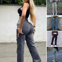 Kvinnor Pants Zipper Button Packet Stylish High midjelast med flera fickor mjuka för streetwear damer