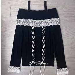 Frauenpullover süße Lolita -Stil gestrickt Pullover Frauen süß aus Schulterspitze Rüschen Verband Bogenpullover Harajuku Girls Kawaii Strickwege