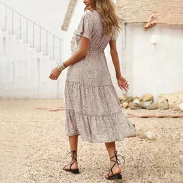 Festklänningar sommar kärlek mönster dot tryck klänning kvinnor avslappnad kort ärm kvadrat krage ruffles medium lång chiffong swing elegant maxi