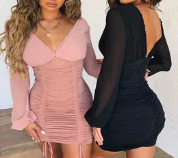 2019 Autumn Vneck Sexy Women Mini Sexy Dress Skinny Backless Outfits Bodycon Elegant Evening Party Dress Elastic Ruffle Black Pin3217151