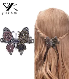 Yukam Steampunk Hair Accessoires Vintage handgefertigtes Metallhaarklammern Haargräbchen Barrettes Gear Schmetterlingsuhr Dekoration für Frauen S5092314