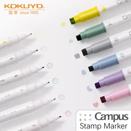 6colors Japan Kokuyo Campus Stamp Line Marker Stamp Student Cute Pens 240425付きダブルチップ蛍光ペン