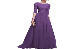 Zebery Fashion Midsleeve Oneck Lace Chiffon Banquet Dress Woman Wedding Bridesmaid Floorlength Ball Gown Dress Lace Vestido7605293