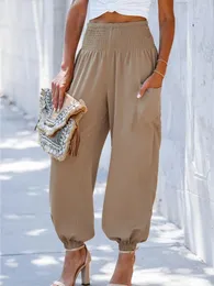 Pantaloni da donna estate casual elastico elastico a vita alta a nove punti leggings a colori piccoli tasca