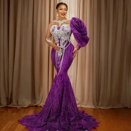 Aso Ebi Lace Mermaid Evening Dresses Appliques Beaded Long Sleeves Purple Formal Party Gowns Illusion Jewel Neck Chic Prom Dress 2024 Special Occasion Wear