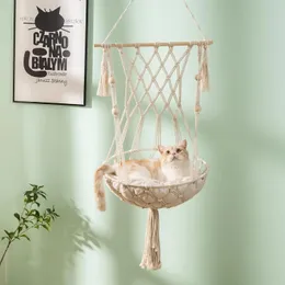 Mewoofun hängende Katzenbett Haustierkatze Hängematte Baumwollseil Luftkätzchen Sitznest mit gewaschener Baumwoll Matt Quasten Korb Wandteppich 240425