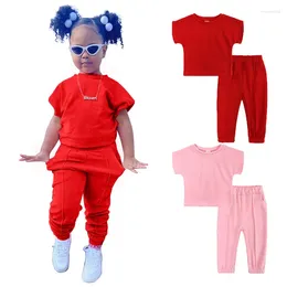 Clothing Sets Novelty Kids Little Girls 2 Pieces Cotton Solid Casual T-shirt Elastic Waist Pants Young Children Outfits 1-6Y