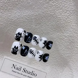 Emmabeauty Handmade Press On Nails Finished Black White Fish Bone Cat Series Sweet Cool HandpaintedNoEM29106 240430