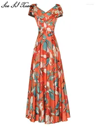 Party Dresses Seasixiang modedesigner Spring Summer Women Dress V-Neck Butterfly Sleeve Belt Flower Print Elegant Long Long