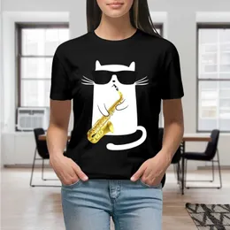 Camiseta feminina gato tocando trompete essencial feminino camiseta impressão camisa gráfica Camisas gráficas casuais curto t-shirt feminino T tamanho S-4xl Y240506