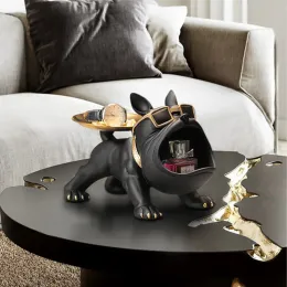 Skulpturer heminredning skulptur hund stor mun fransk bulldog butler med metallfack bordsdekoration staty för levande rum hund bulte