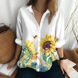 Frauenblusen Frauen Hemden Fashion Shirt Vintage Sonnenblumendruck und Knöpfe lässig Large Size Top