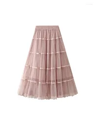 스커트 2024 패션 구슬 계층 Maxi Tutu Tulle Skirt for Women Korean High Street 라인 허리 긴 메쉬 여성