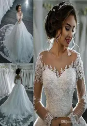 Fantastisk plusstorlek Bollklänning Weding Dresses Bridal Gowns 2019 Sheer Neck Lace Applicies Pärlor Illusion Långärmar Sop Train CUS7166030
