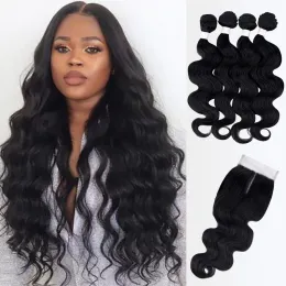 Saç ürünleri vücut dalgası uzantıları saç sentetik dantel kapatma örgü saçları 4 demet ile siyah kadınlar için dantel 14-16 inç 5pieces