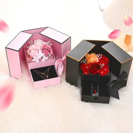 Gift Wrap Eternal Soap Rose Flower Box Earring Necklace Storage Case Double Open Drawer Wedding Party Mother's Day Jewelry Packing