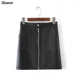 Spódnice skórzana spódnica czarna moda seksowna mini z dwoma kieszeniami na cztery sezon xnxee
