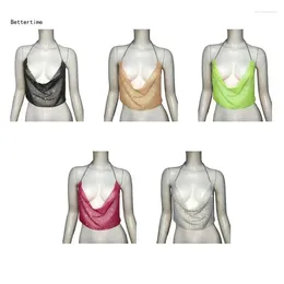 Women's Tanks B36D Women Rhinestones Fishnet Crop Top Halter Backless Cowl Neck Body Chain Camisole