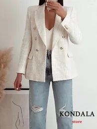 Women's Suits KONDALA Office Lady Beige Twist Blazer Women V Neck Double Breasted Pockets Thick Jackets Fashion 2024 Vintage Loose Blazers