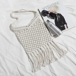 Axelväskor halmpåse bohemian tassel strand kvinnor virkade fransade crossbody ultralight små bolsos feminina cb59