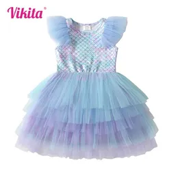 Girl's Dresses Vikita Girls Flame Sleeves Summer Dress Childrens Mermaid Print Birthday Party Travel Beach Princess Dress Girls Mesh sheer dressL240508