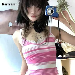 Karram Y2K Aesthetics Camisole Japan Harajuku Cami Top 2000-tal Kawaii Crop Top Fairycore Pink Striped Tank Top E-Girl Grunge 240426