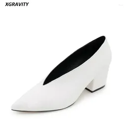 Dress Shoes Xgravity Spring European American Sexy Pointed Toe Deep V Design Woman Footwear Chunky Party Wedges C262