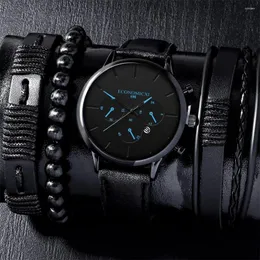 Wristwatches 4Pcs Men's Simple Business Rest Three Eyes Designer Digital Quartz Mesh Watch Fashion Trend Leather Bracelet Set