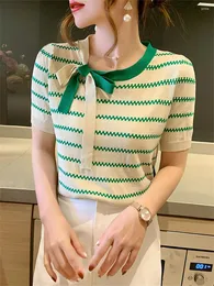 Women's T Shirts Summer Contrast Stripe Short Sleeved T-shirt Garden Neck Tie Up Bow Knitted Shirt Top 5162