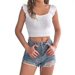 Kadın Tişörtleri İlkbahar ve Yaz Düz Renk Kare Kare Küpeli Küpe Süvari Midriff Bararing Top Plus Rozmiar Topy