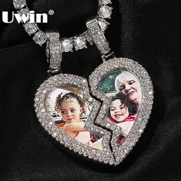 Uwin Broken Heart Medallion Picture Pendant Collane ghiacciate cz Mezze Cuore Magnetico Ciondoli per la moda per gli amanti 240422