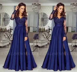 Vintage Long Sleeve Mother Dresses A Line Sheer Appliques V Neck Navy Blue Lace Satin Bridesmaids Dresses Women Evening Prom Gowns BC10075