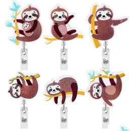 Other Desk Accessories Wholesale Sloth Badge Keychain Retractable Pl Cartoon Id Badges Holder With Clip Office Supplies Drop Deliver Dhhae