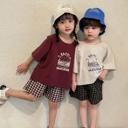 Kleidungssets Kinder Summer Anzug Jungen und Mädchen 2024 Mode Baumwoll-T-Shirt Plaid Hosen Baby Kurzarm Zwei-teilige Set zweier