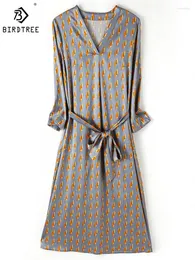 Casual Dresses Birdtree 90%Real Silk Dress Women V-Neck Long Sleeve Print Slim Elegant Simple Temperament A-Line Summer D41116QD