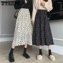 Saias WTempo Print Floral Print A-Line Pleated Long Women Women Korean Streetwear Casual High Elastic Waist Salia de comprimento médio