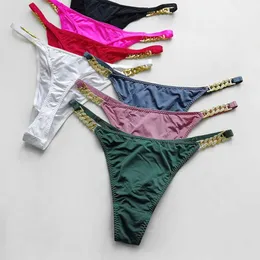 Womens Panties Comfortable high fork underwear suitable for girls simple womens style ice silk underwear metal chain diamond underwear Korean underwear hollowL2