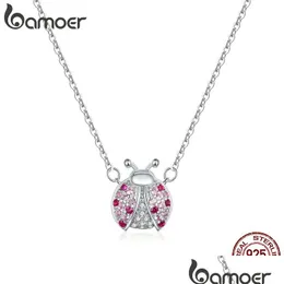 Pendant Necklaces Bamoer Genuine 925 Sterling Sier Pink Cz Ladybug Insect Chain Necklace For Women 45Cm Kid Gifts Fine Jewelry Drop Dhtku