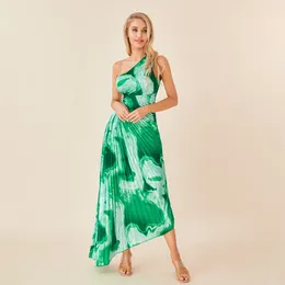 Casual Dresses Puloru Tie-dye Print One-shoulder Pleated Long Dress Women's Sleeveless Hollowed Summer Flowy Hem A-Line Party Vestidos