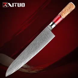 9 tum Damascus Chef Knife Pro Sharp Kitchen Knife With Red Harts Stabiliserat trähandtag Damascus Matlagningskniv japansk VG10 -stål