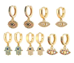 Blue Evil Eye Hoop örhängen Fashion Design 18K Gold Plated Women Cubic Zirconia Fatima Hamsa Hand Pendant Turkish Rhinestone Devil7874914
