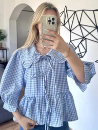 Kvinnors blusar Chic Doll Collar Lace Up Shirts For Women 2024 Spring Summer Long Sleeve Plaid Female Elegant Ladies Street Tops