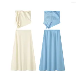 İş elbiseleri unizera2024 bahar ürünü kadın moda düz renk sütyen eğik kenar üst katlanmış yarım etek gündelik set